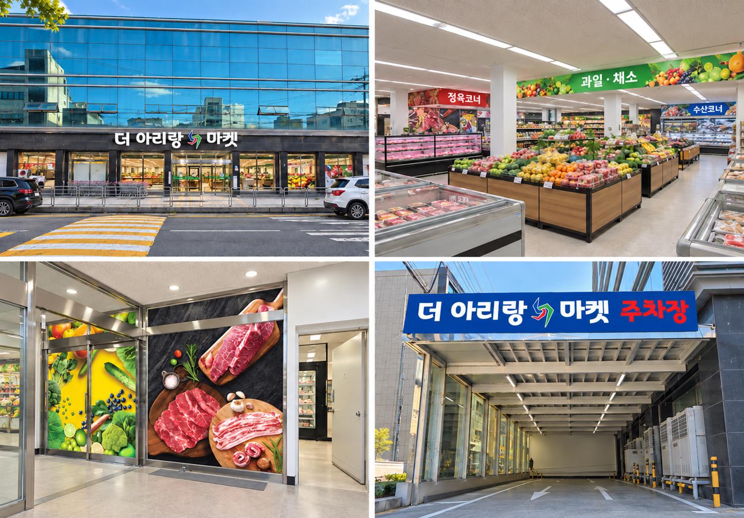 제공 시안을 반영한 외관, 1층 마트 내부, 마트 입구, 주차장 입구의 공사 후 예상도